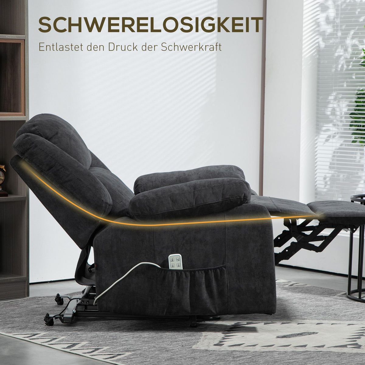 TV armchair with stand-up aid, electric recliner with reclining function, TV armchair with side pocket, remote control, black