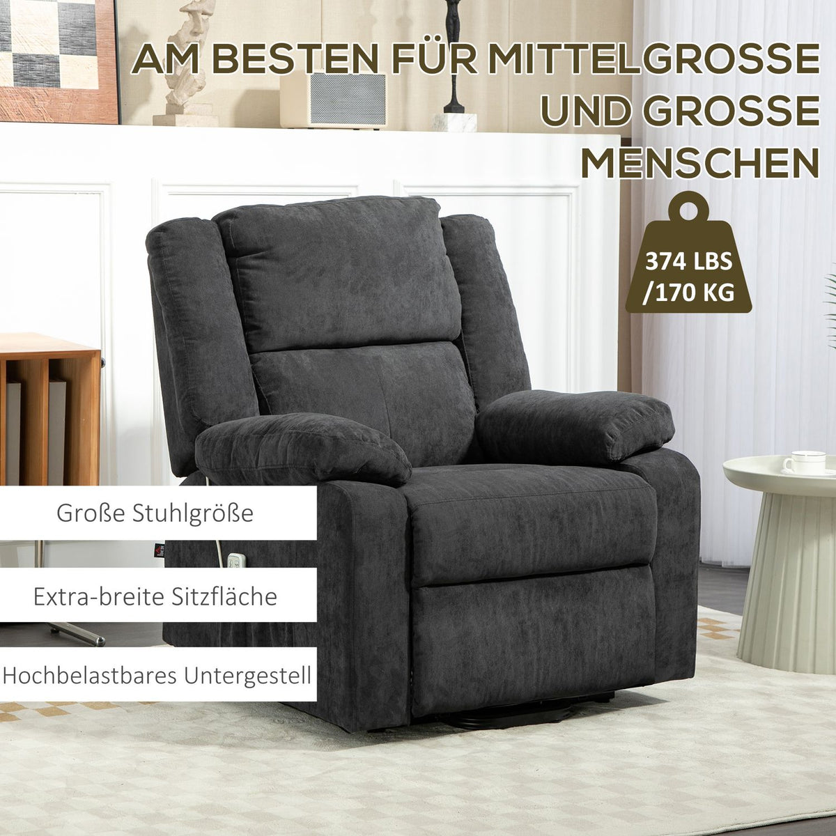 TV armchair with stand-up aid, electric recliner with reclining function, TV armchair with side pocket, remote control, black