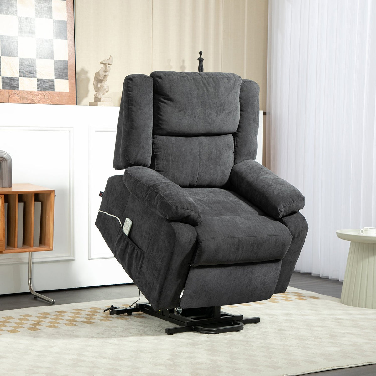 TV armchair with stand-up aid, electric recliner with reclining function, TV armchair with side pocket, remote control, black
