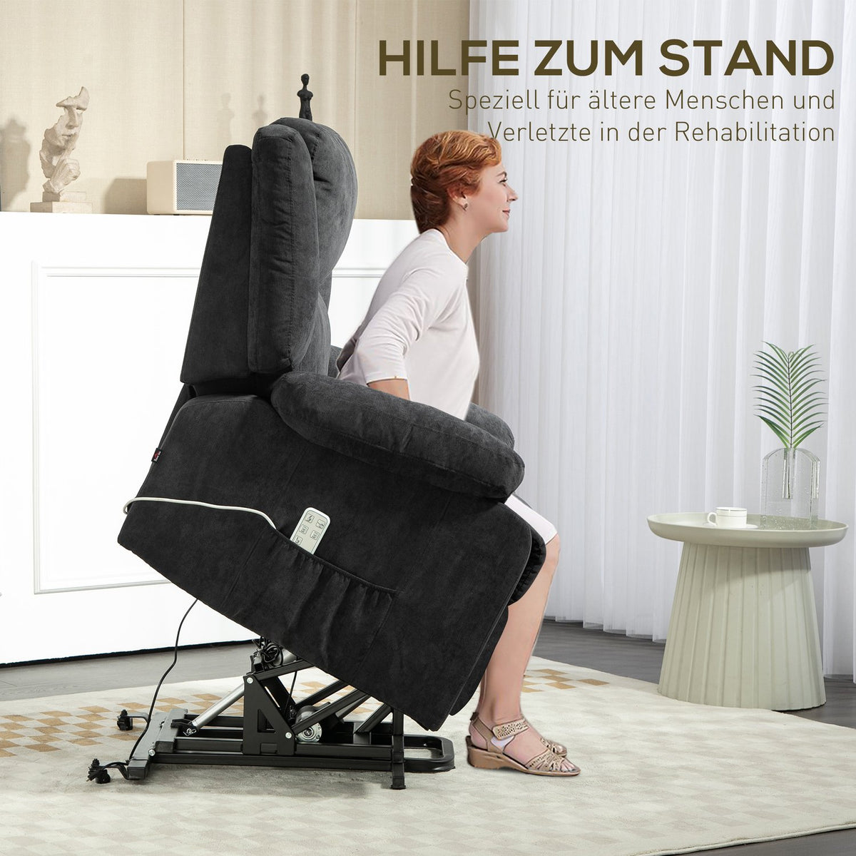 TV armchair with stand-up aid, electric recliner with reclining function, TV armchair with side pocket, remote control, black