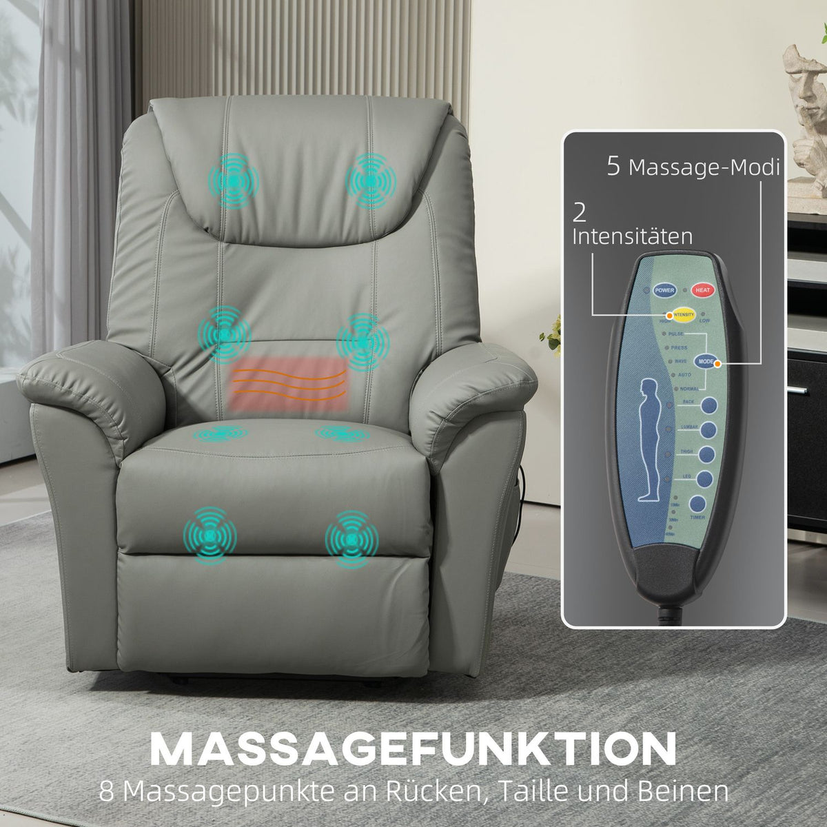 TV armchair with stand-up aid, electric recliner with reclining function, heating and massage function, TV armchair with spring system