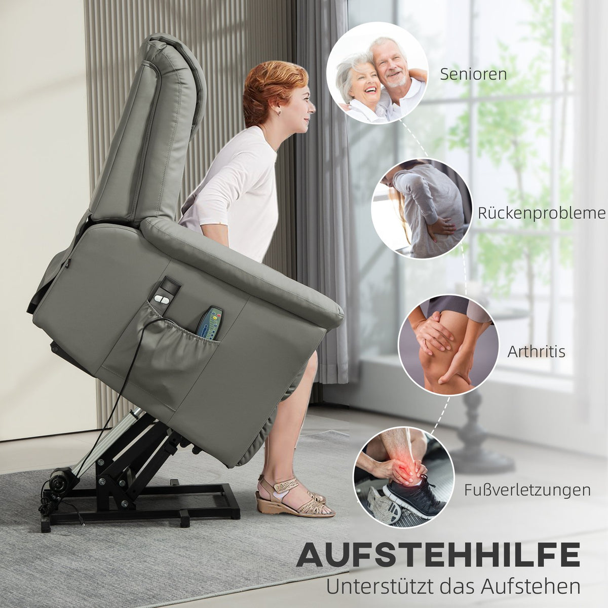 TV armchair with stand-up aid, electric recliner with reclining function, heating and massage function, TV armchair with spring system