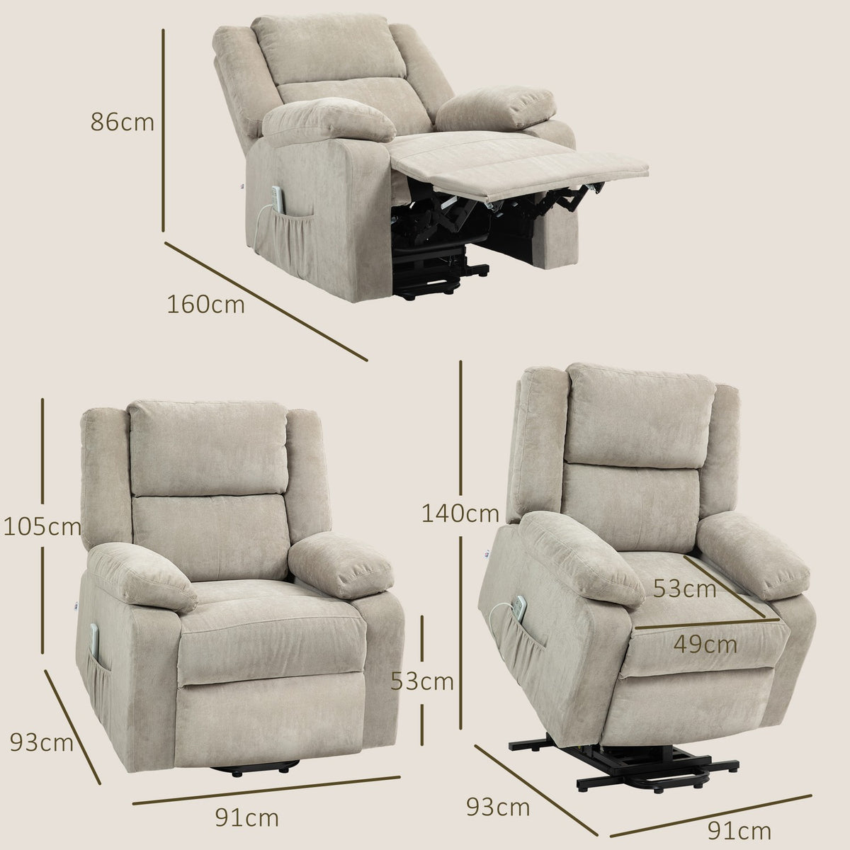 TV armchair with stand-up aid, electric reclining armchair with reclining function, 3 motors, TV armchair with pocket spring, weightlessness, side pocket and remote control, light grey