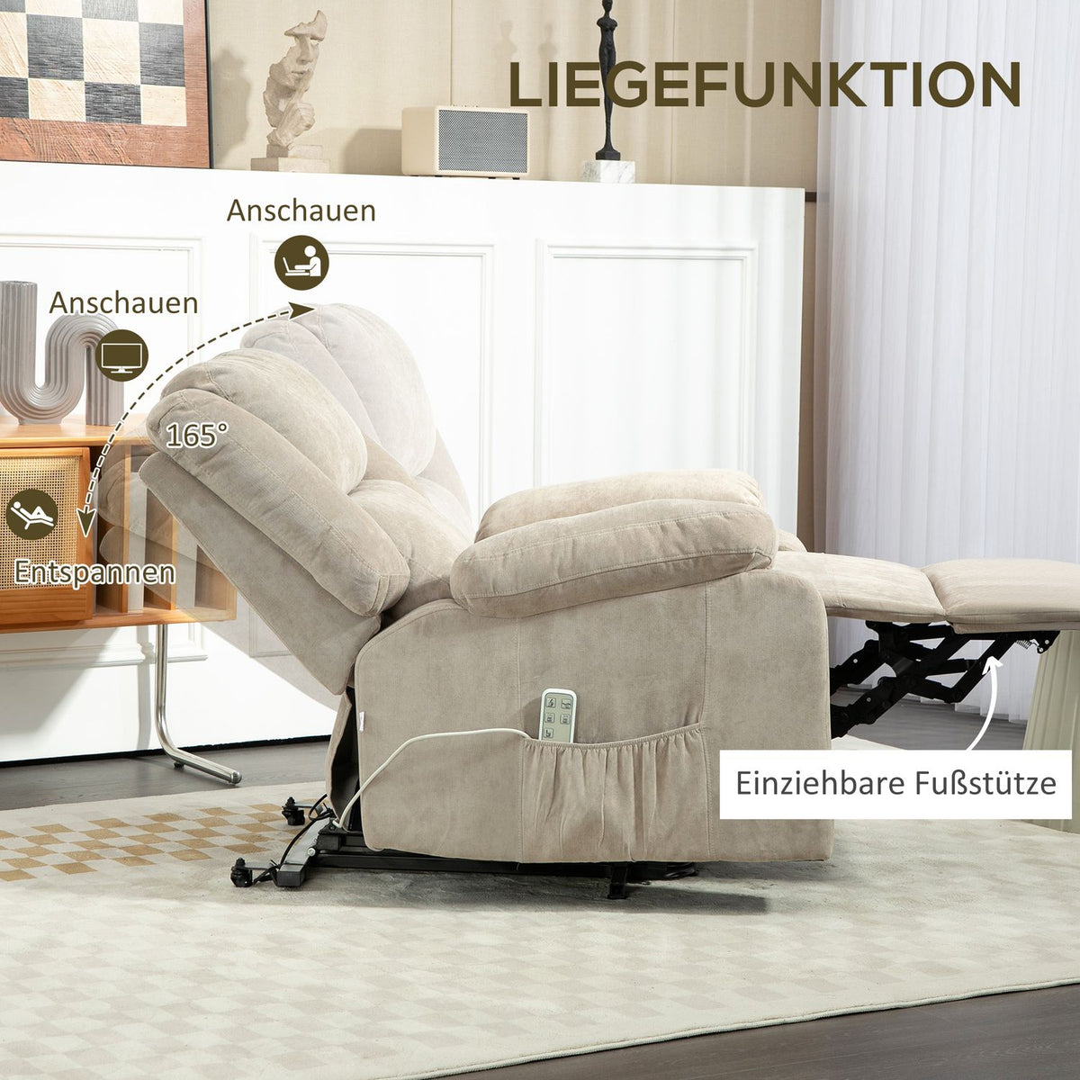 TV armchair with stand-up aid, electric reclining armchair with reclining function, 3 motors, TV armchair with pocket spring, weightlessness, side pocket and remote control, light grey