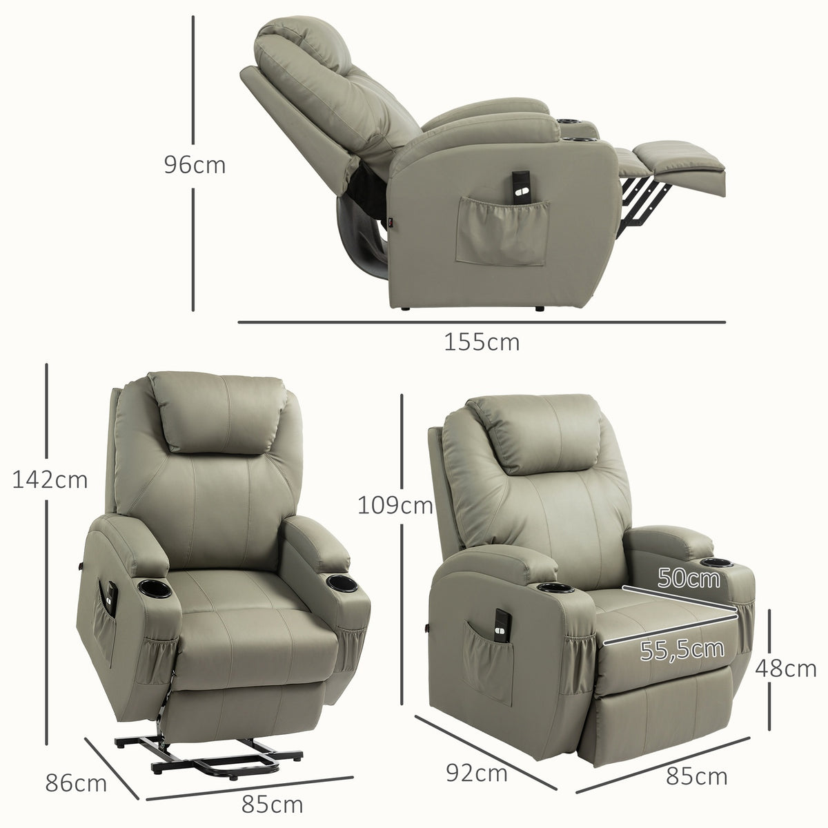 TV armchair with stand-up aid, electric reclining armchair with reclining function, TV armchair with cup holder, remote control, imitation leather