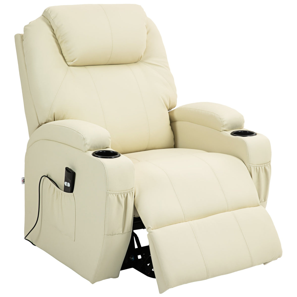 TV armchair with stand-up aid, electric reclining armchair with reclining function, TV armchair with cup holder, side pocket and remote control, faux leather, cream