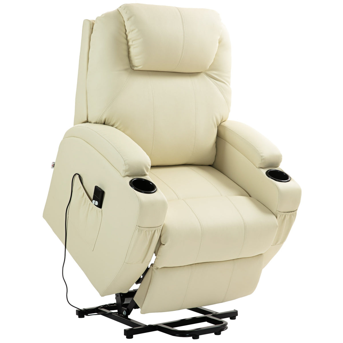 TV armchair with stand-up aid, electric reclining armchair with reclining function, TV armchair with cup holder, side pocket and remote control, faux leather, cream