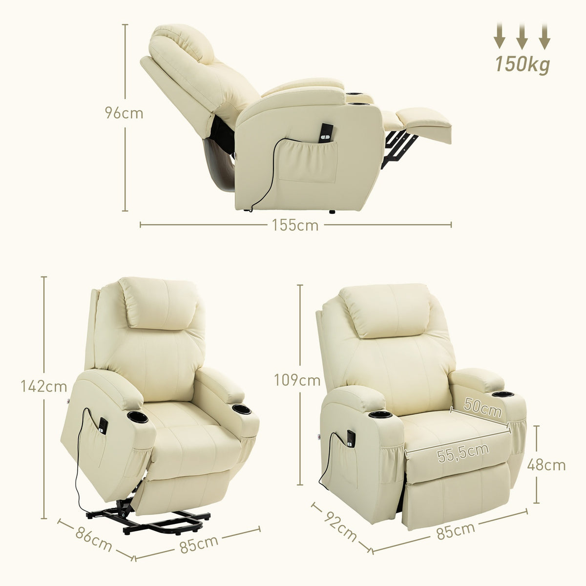 TV armchair with stand-up aid, electric reclining armchair with reclining function, TV armchair with cup holder, side pocket and remote control, faux leather, cream