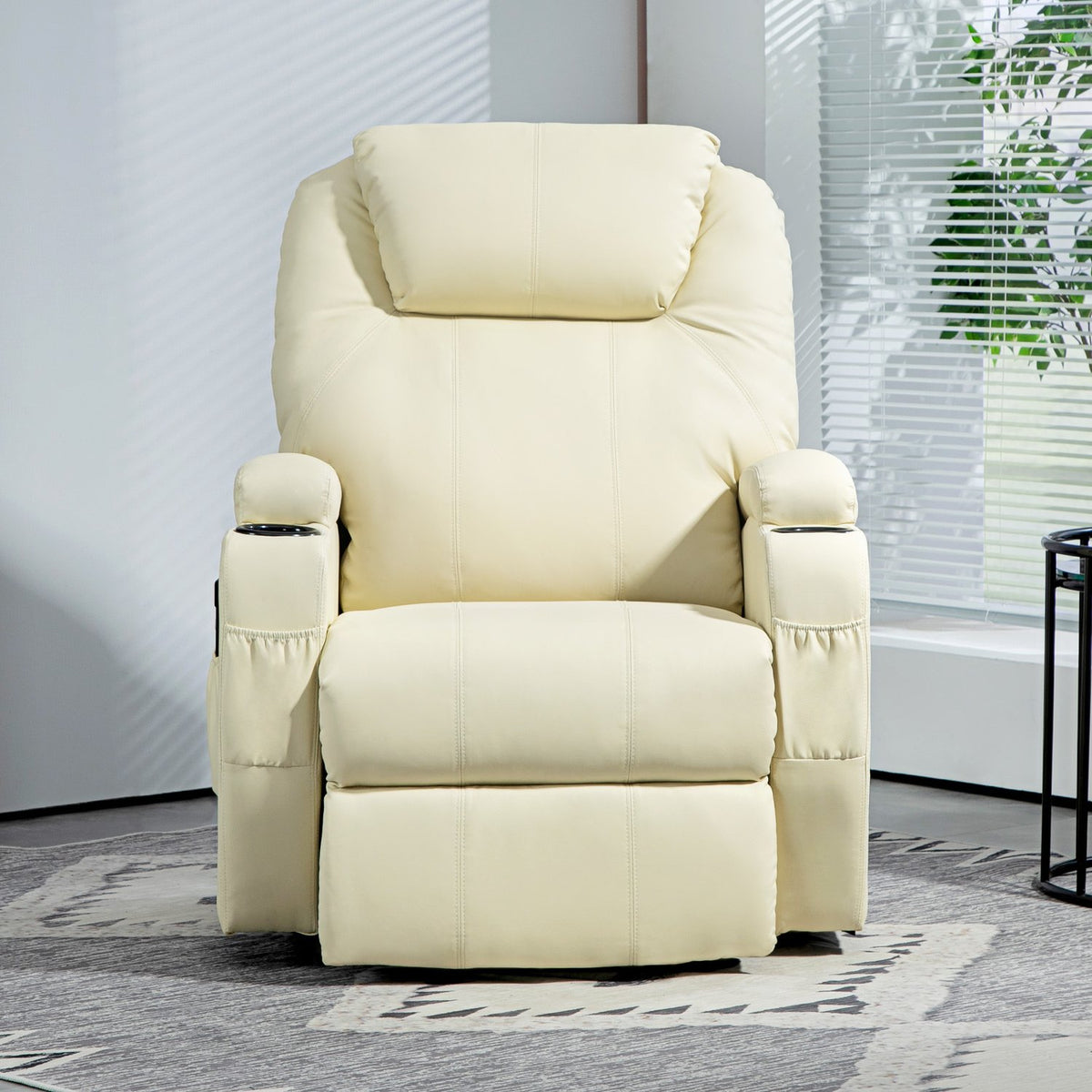 TV armchair with stand-up aid, electric reclining armchair with reclining function, TV armchair with cup holder, side pocket and remote control, faux leather, cream