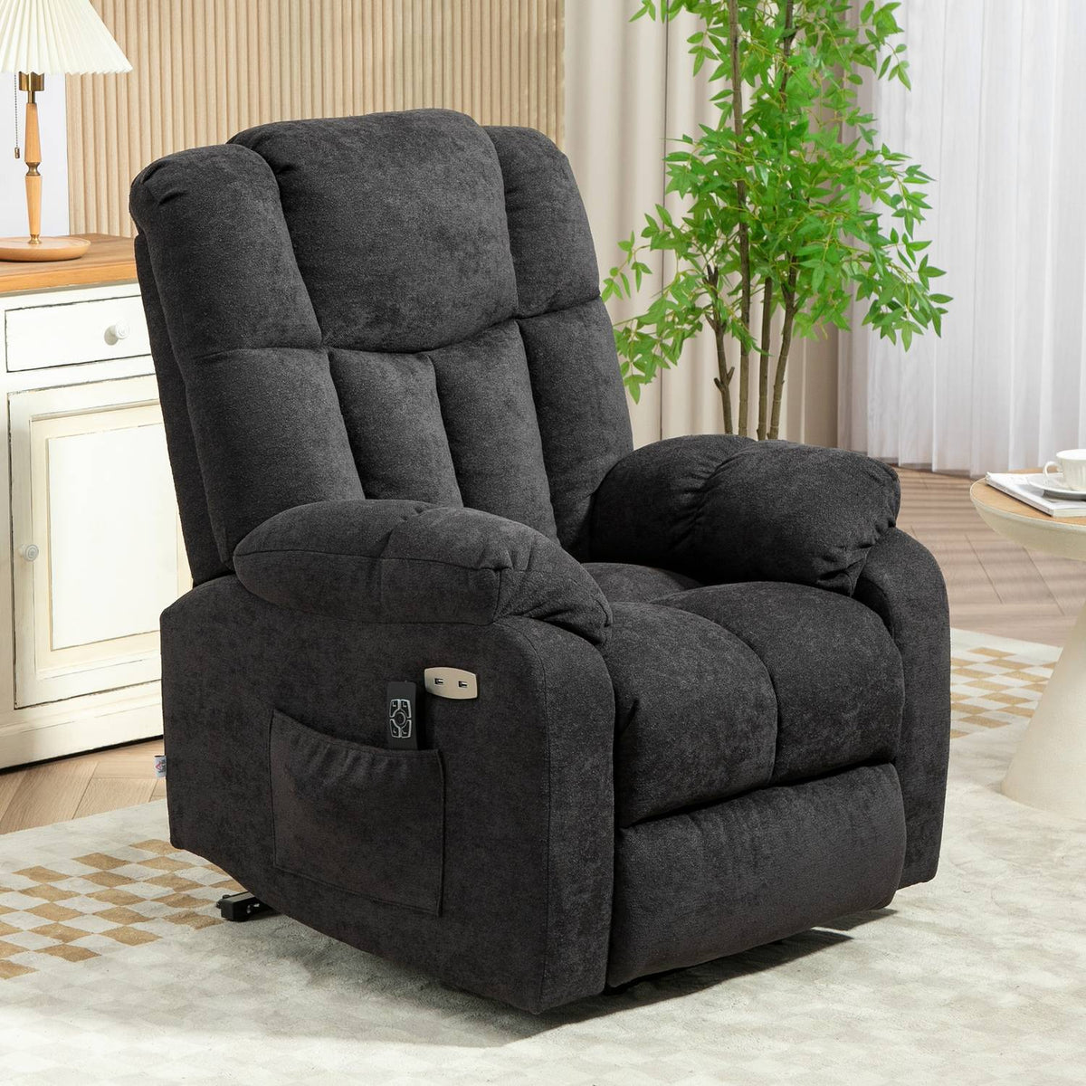 TV armchair with stand-up aid, electric reclining armchair with reclining function, USB port, TV armchair with pocket spring core, side pocket and remote control, black