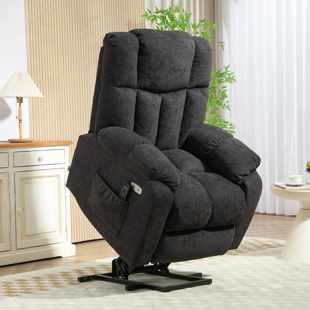 TV armchair with stand-up aid, electric reclining armchair with reclining function, USB port, TV armchair with pocket spring core, side pocket and remote control, black