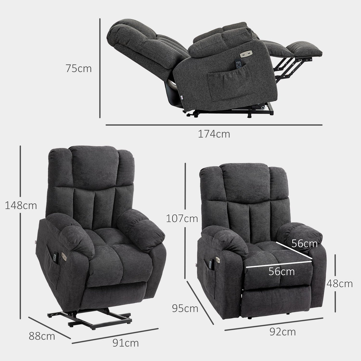 TV armchair with stand-up aid, electric reclining armchair with reclining function, USB port, TV armchair with pocket spring core, side pocket and remote control, black