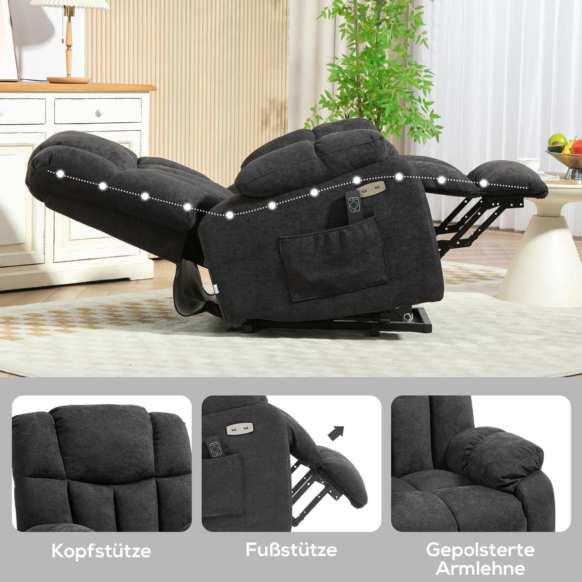 TV armchair with stand-up aid, electric reclining armchair with reclining function, USB port, TV armchair with pocket spring core, side pocket and remote control, black