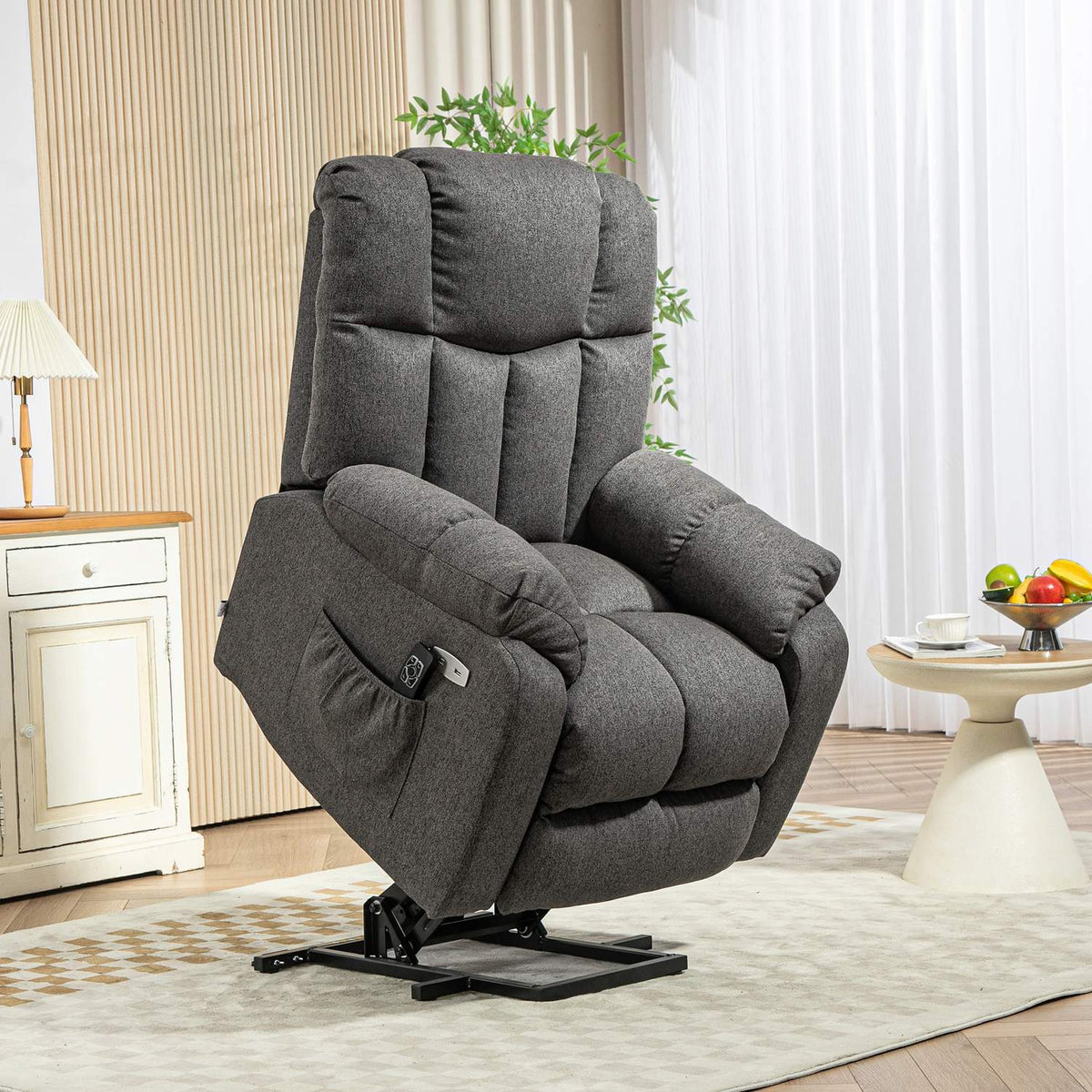 TV armchair with stand-up aid, electric reclining armchair with reclining function, USB port, TV armchair with pocket spring core, side pocket and remote control, dark grey