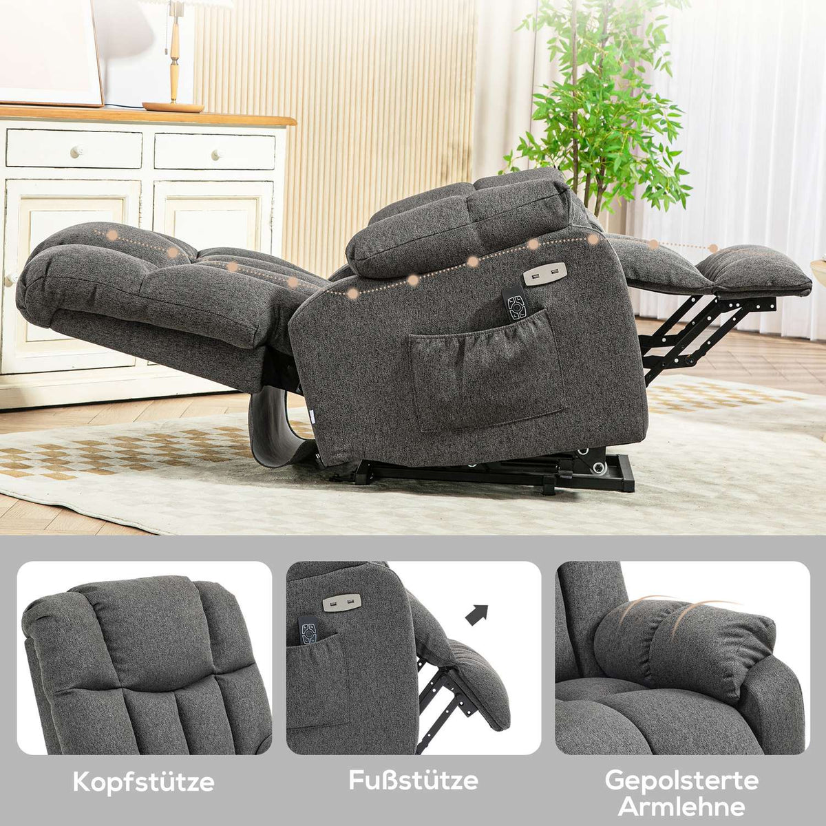 TV armchair with stand-up aid, electric reclining armchair with reclining function, USB port, TV armchair with pocket spring core, side pocket and remote control, dark grey