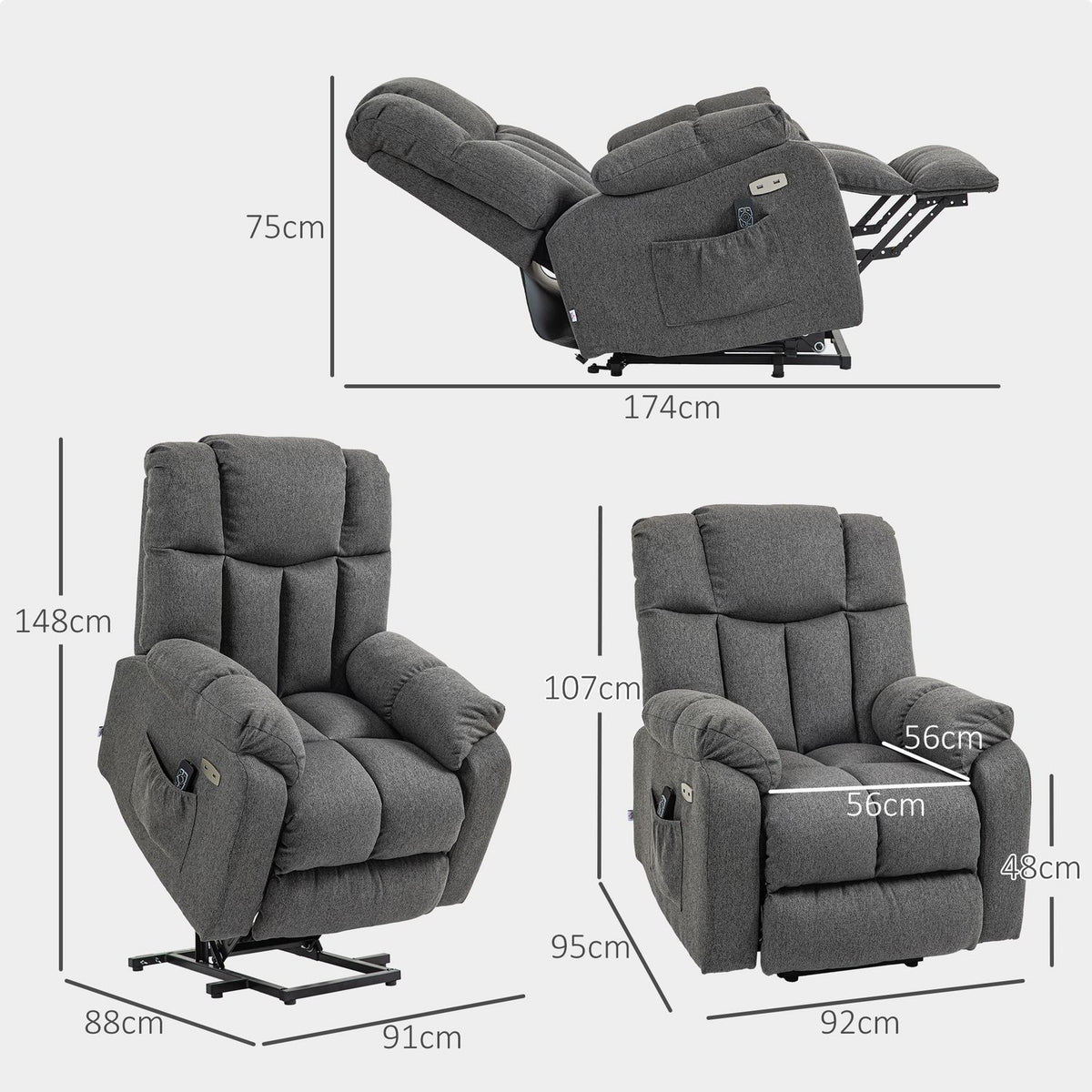 TV armchair with stand-up aid, electric reclining armchair with reclining function, USB port, TV armchair with pocket spring core, side pocket and remote control, dark grey