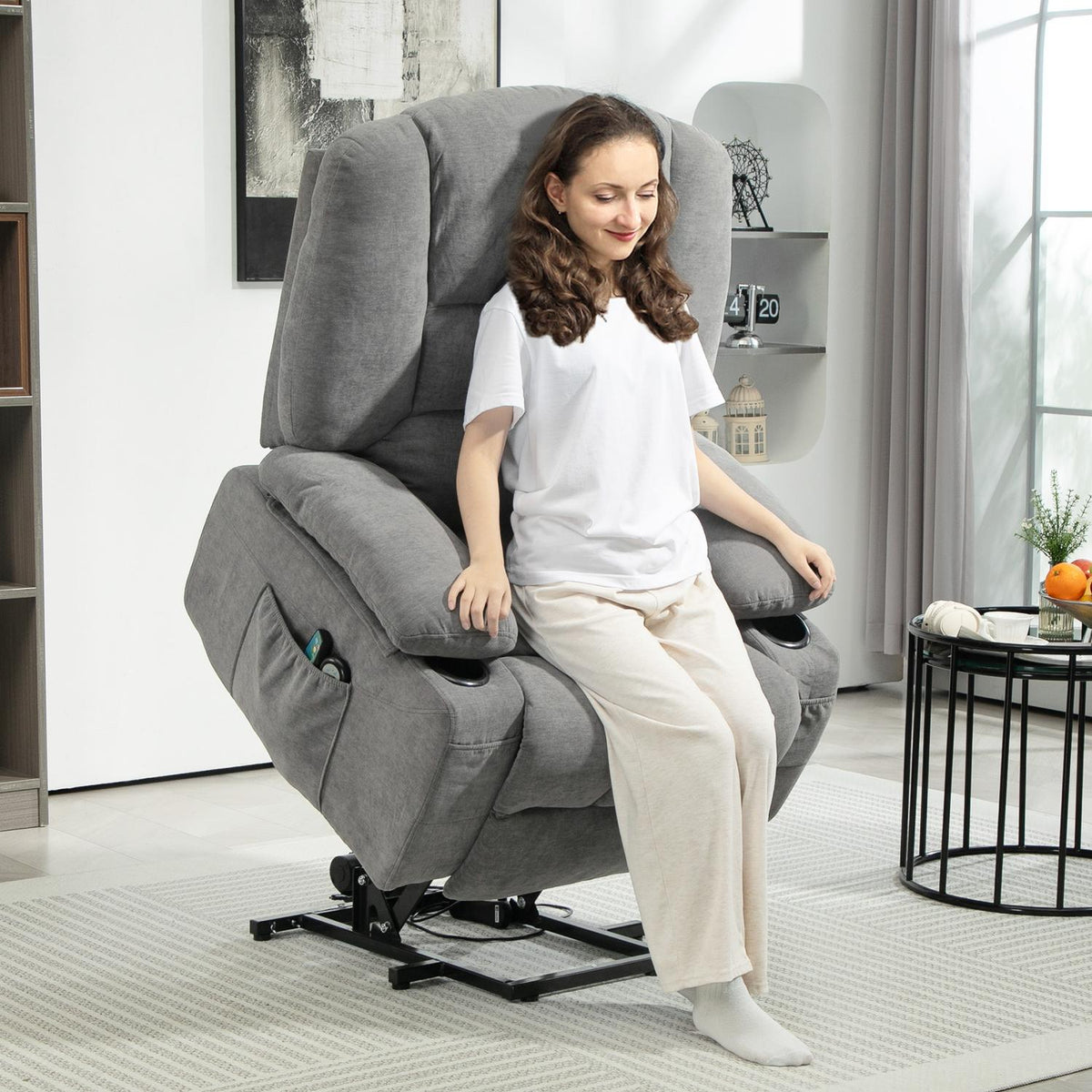 TV armchair with stand-up aid, electric reclining armchair with reclining function, heat functions, TV armchair with massage function, stand-up armchair with side pocket and remote control, dark gray