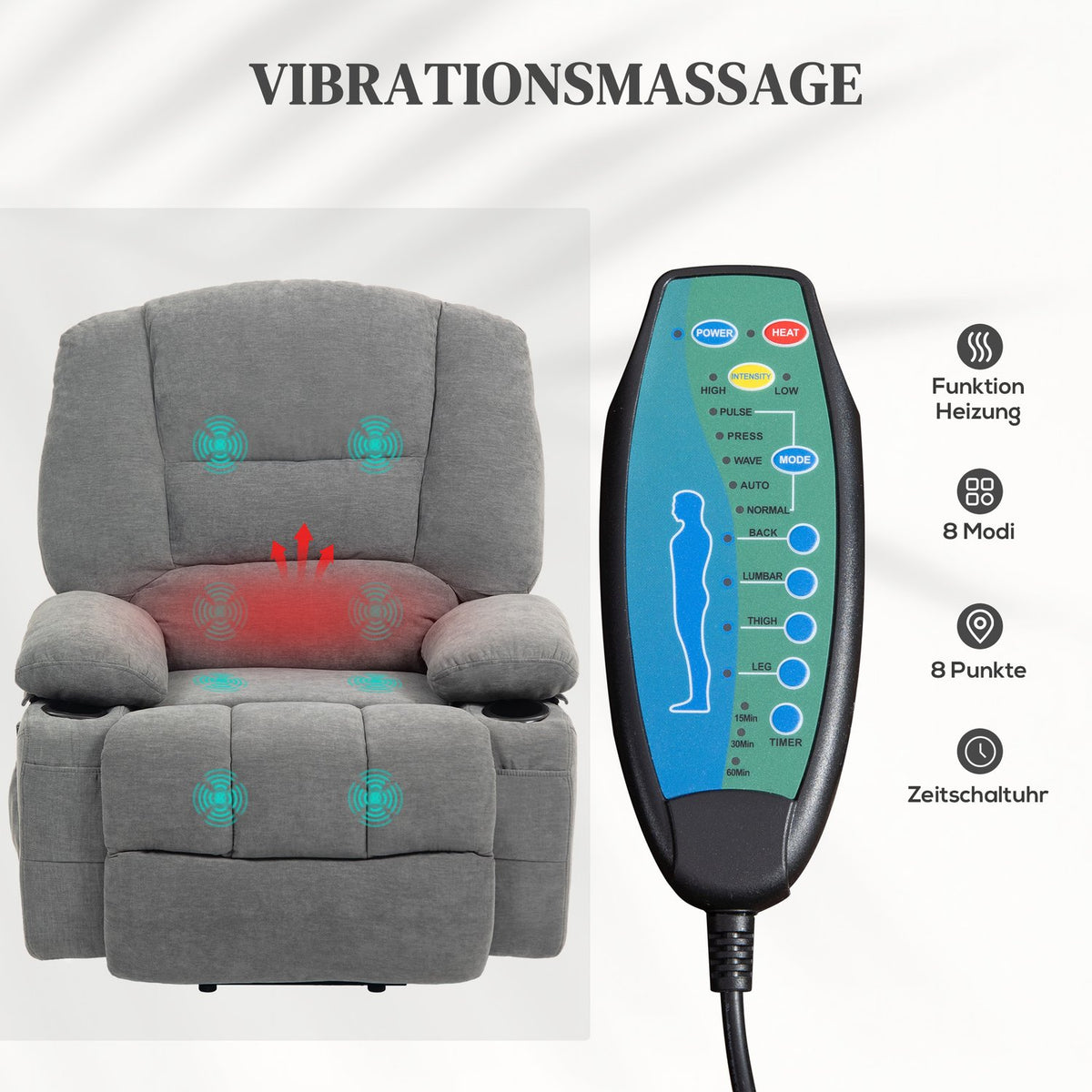 TV armchair with stand-up aid, electric reclining armchair with reclining function, heat functions, TV armchair with massage function, stand-up armchair with side pocket and remote control, dark gray