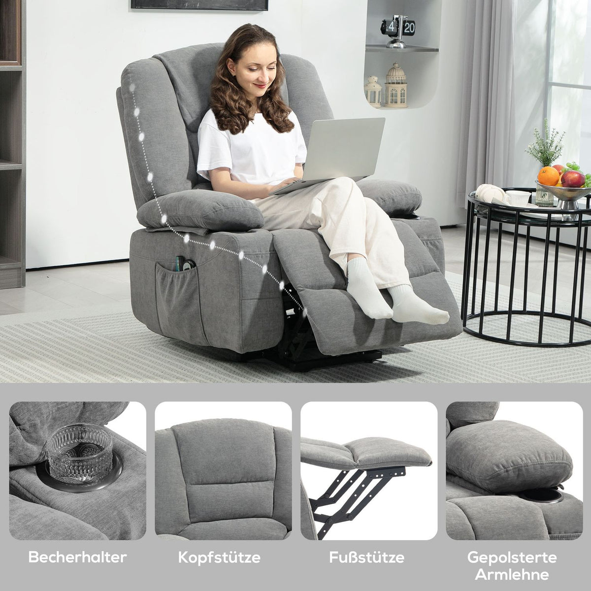 TV armchair with stand-up aid, electric reclining armchair with reclining function, heat functions, TV armchair with massage function, stand-up armchair with side pocket and remote control, dark gray