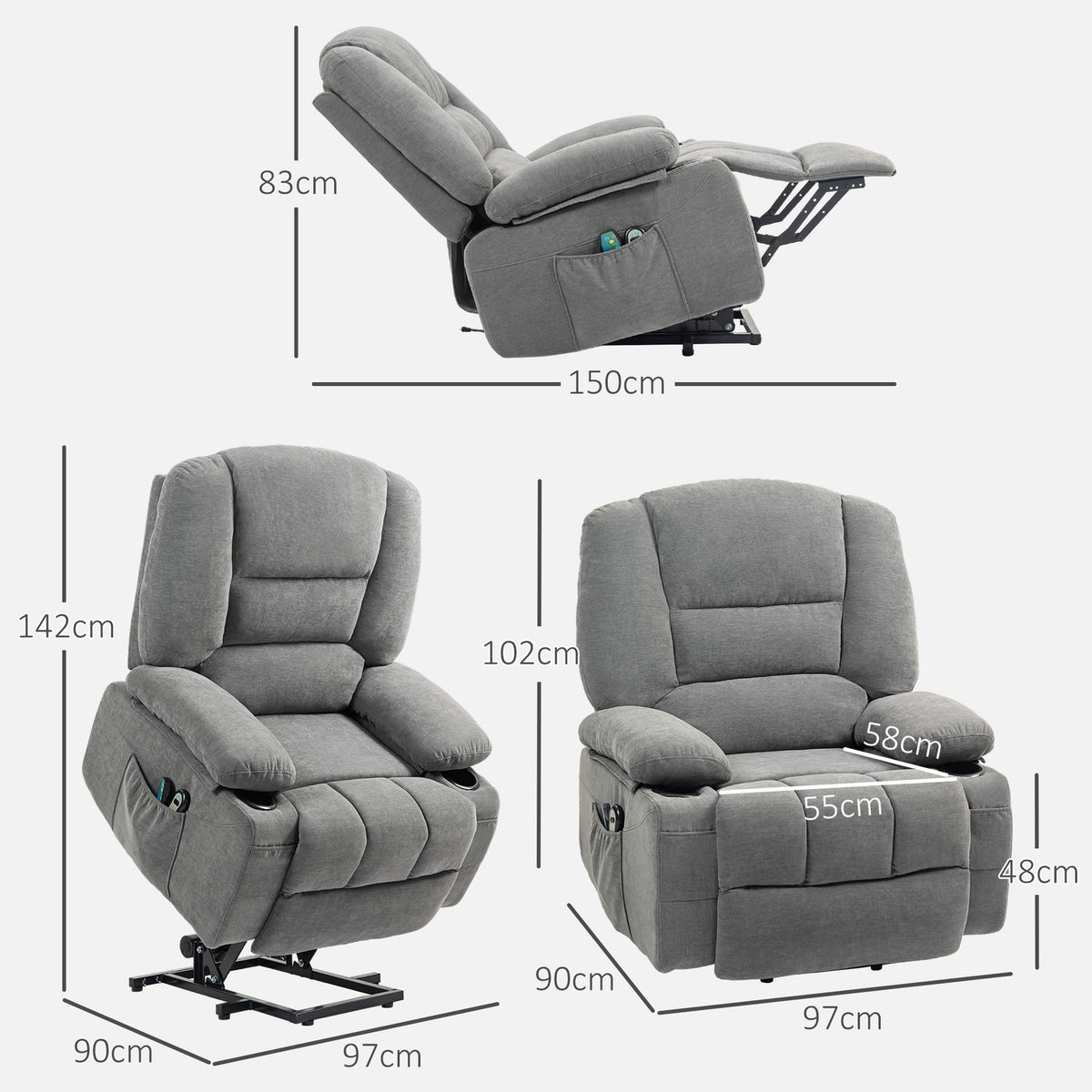 TV armchair with stand-up aid, electric reclining armchair with reclining function, heat functions, TV armchair with massage function, stand-up armchair with side pocket and remote control, dark gray