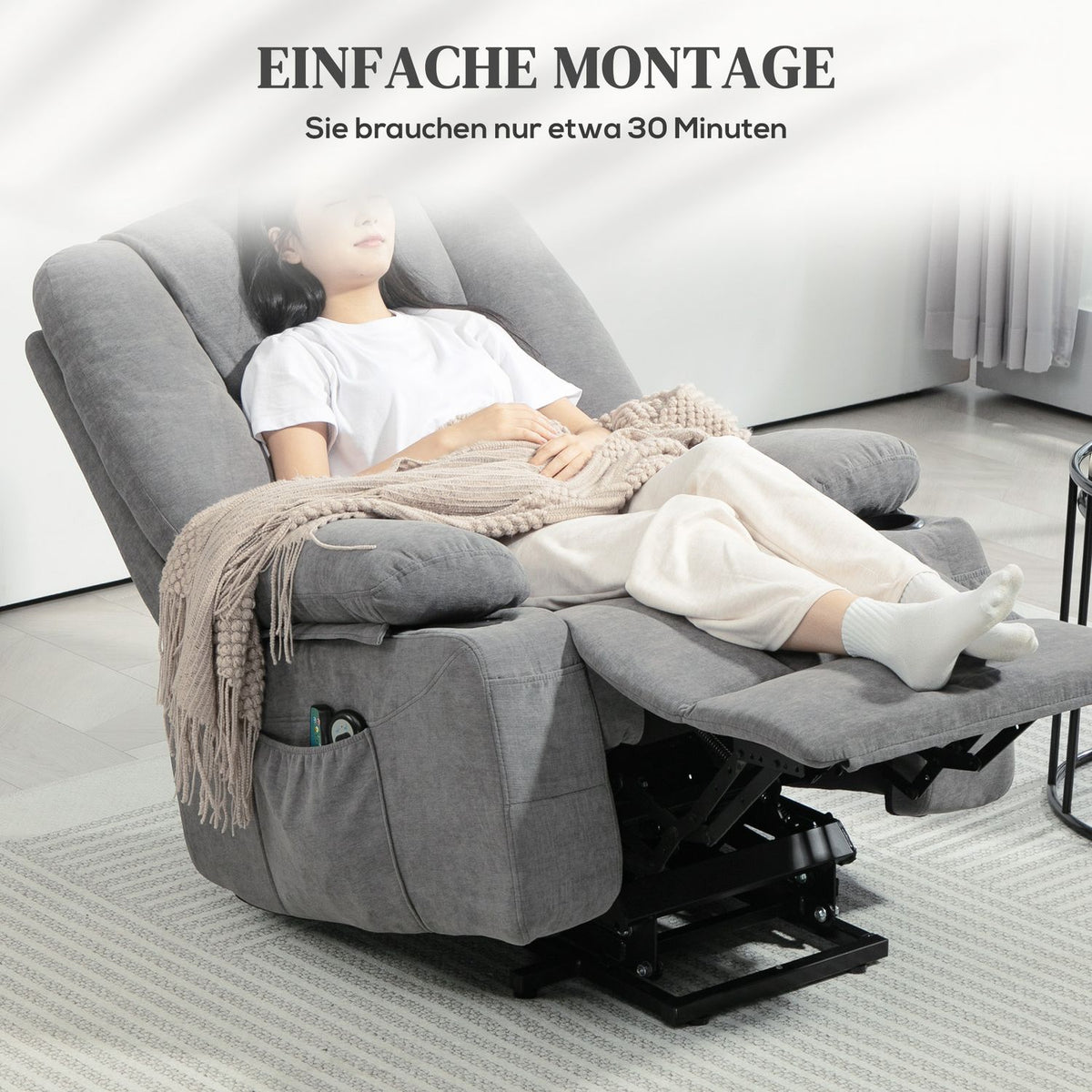 TV armchair with stand-up aid, electric reclining armchair with reclining function, heat functions, TV armchair with massage function, stand-up armchair with side pocket and remote control, dark gray