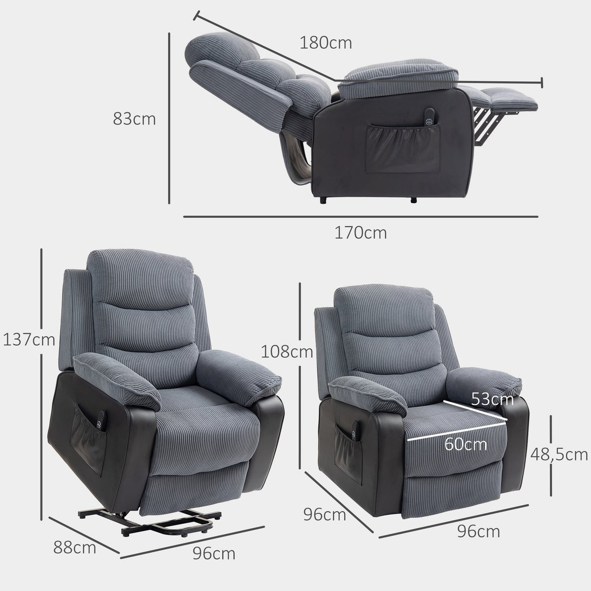 TV armchair with stand-up aid, electric reclining armchair with reclining function, pocket spring core, TV armchair with footrest, side pocket and remote control, dark gray