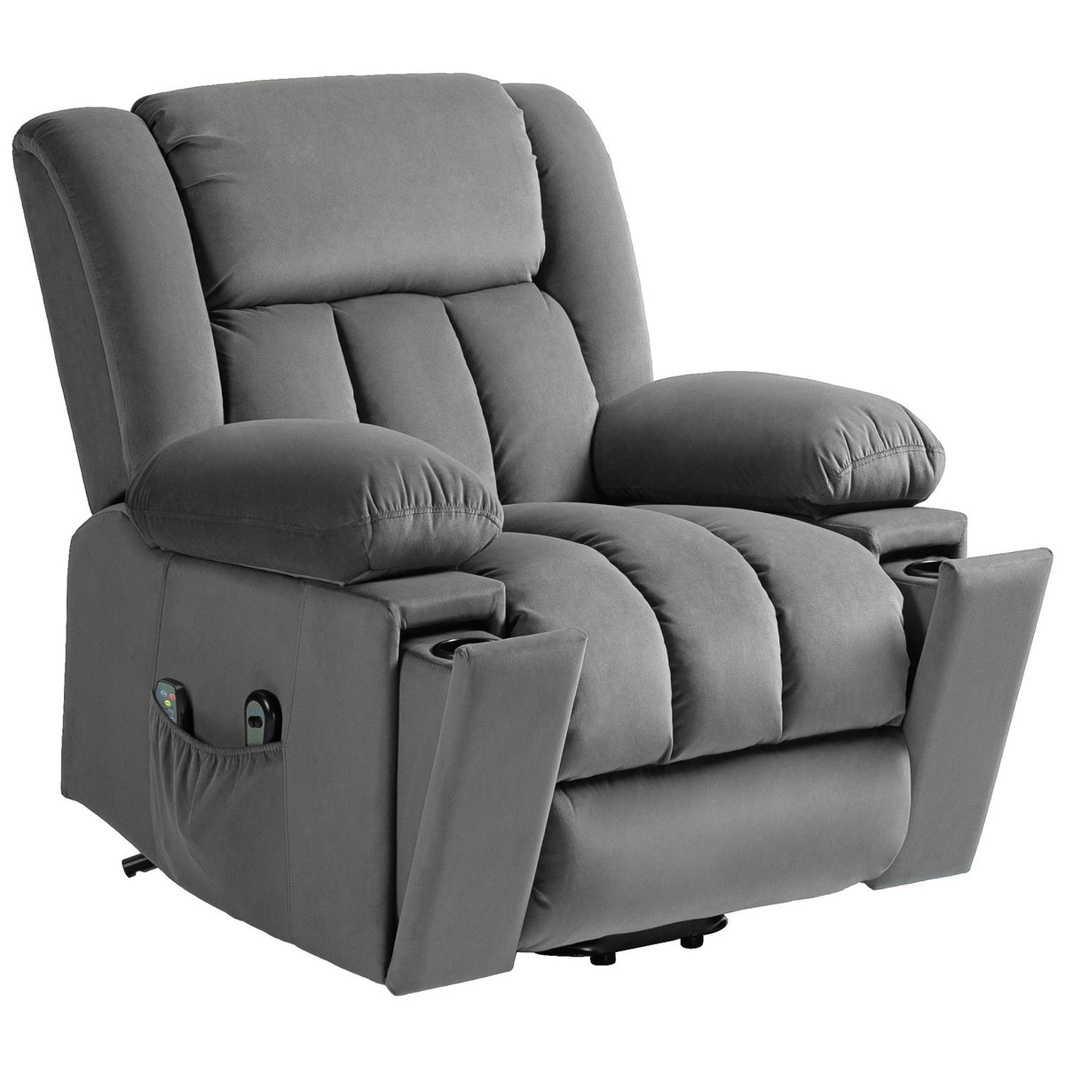 TV armchair with stand-up aid, electric relaxation armchair with massage/warming/reclining function, TV armchair with cup holder, storage space, USB ports and remote control, velvet, dark grey