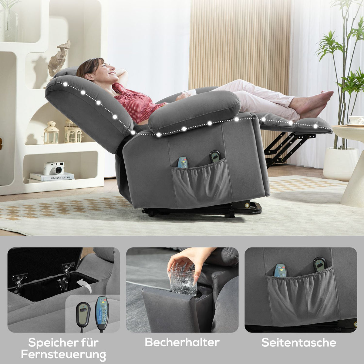 TV armchair with stand-up aid, electric relaxation armchair with massage/warming/reclining function, TV armchair with cup holder, storage space, USB ports and remote control, velvet, dark grey