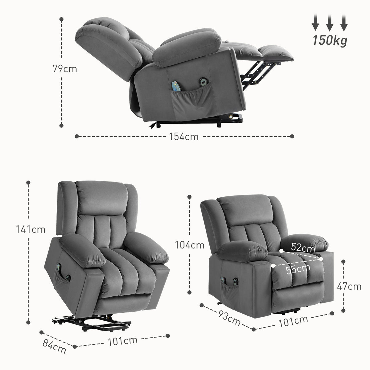 TV armchair with stand-up aid, electric relaxation armchair with massage/warming/reclining function, TV armchair with cup holder, storage space, USB ports and remote control, velvet, dark grey