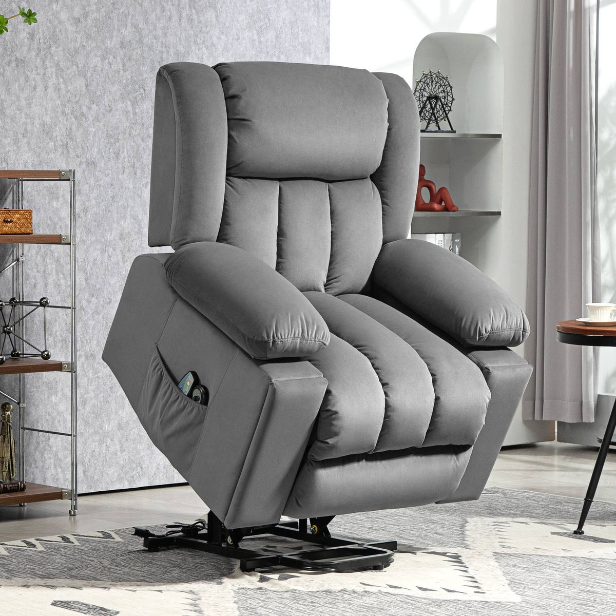 TV armchair with stand-up aid, electric relaxation armchair with massage/warming/reclining function, TV armchair with cup holder, storage space, USB ports and remote control, velvet, dark grey