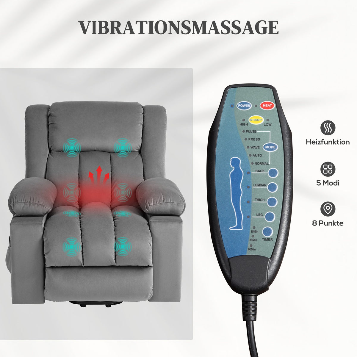 TV armchair with stand-up aid, electric relaxation armchair with massage/warming/reclining function, TV armchair with cup holder, storage space, USB ports and remote control, velvet, dark grey