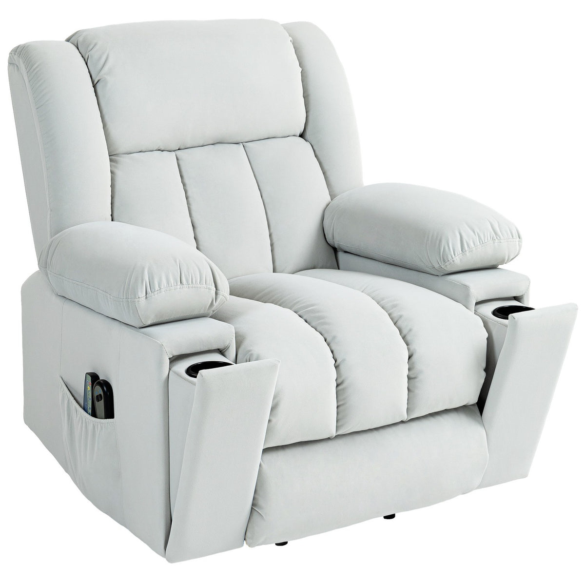 TV armchair with stand-up aid, electric relaxation armchair with massage/warming/reclining function, TV armchair with cup holder, storage space, USB ports and remote control, velvet, light grey
