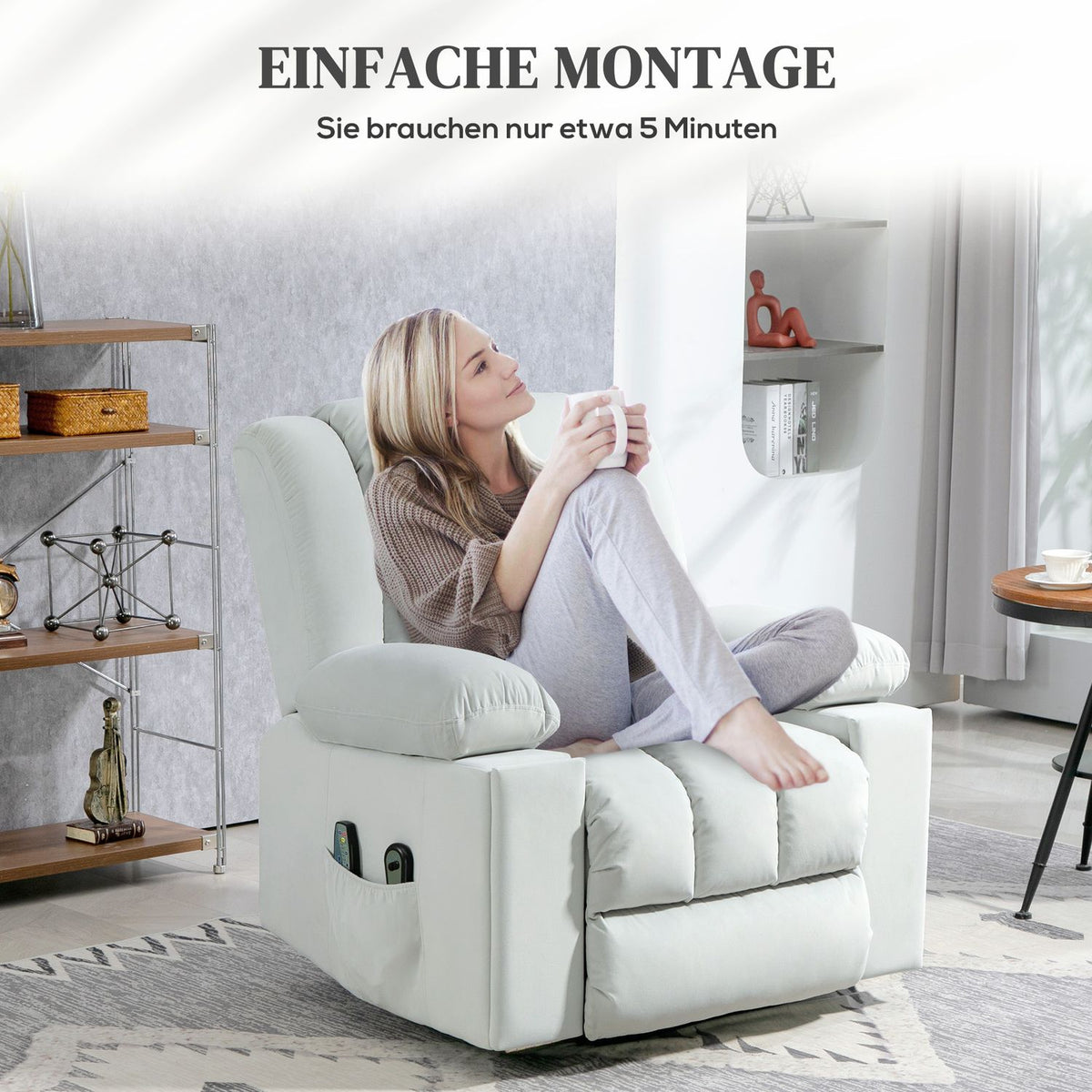 TV armchair with stand-up aid, electric relaxation armchair with massage/warming/reclining function, TV armchair with cup holder, storage space, USB ports and remote control, velvet, light grey