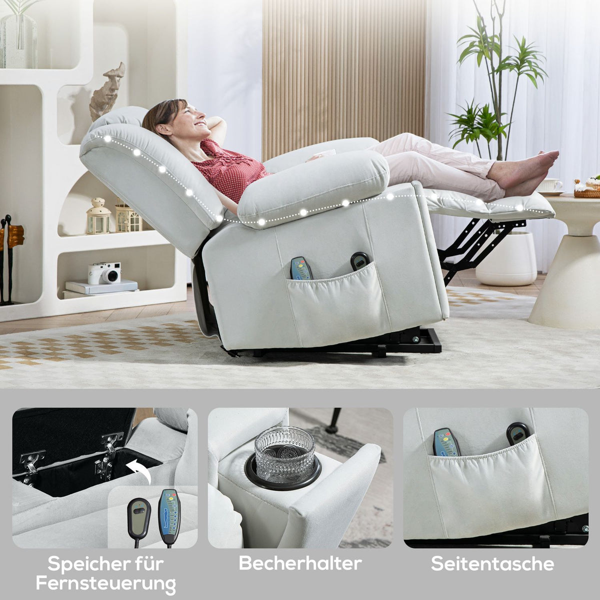 TV armchair with stand-up aid, electric relaxation armchair with massage/warming/reclining function, TV armchair with cup holder, storage space, USB ports and remote control, velvet, light grey