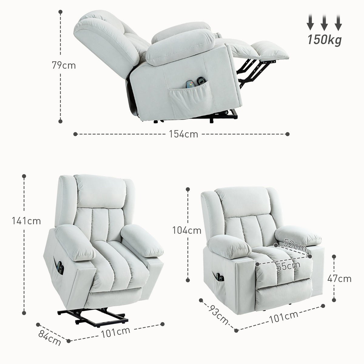 TV armchair with stand-up aid, electric relaxation armchair with massage/warming/reclining function, TV armchair with cup holder, storage space, USB ports and remote control, velvet, light grey
