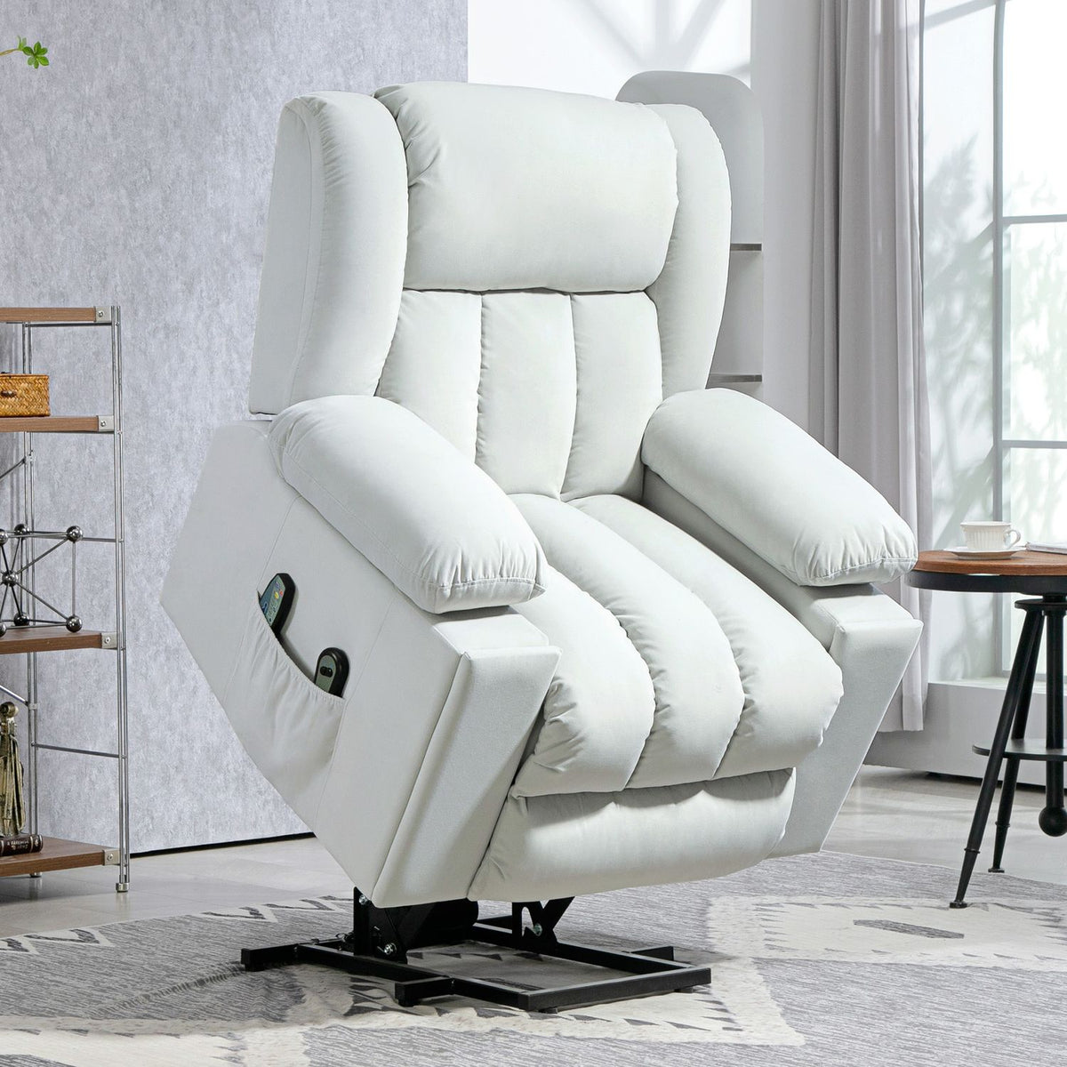 TV armchair with stand-up aid, electric relaxation armchair with massage/warming/reclining function, TV armchair with cup holder, storage space, USB ports and remote control, velvet, light grey