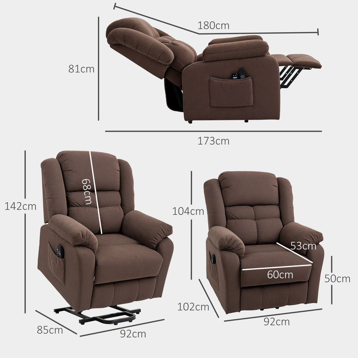 TV armchair with stand-up aid, electric relaxation armchair with reclining, massage and heating functions, TV armchair with pocket spring core, side pocket and remote control, dark brown
