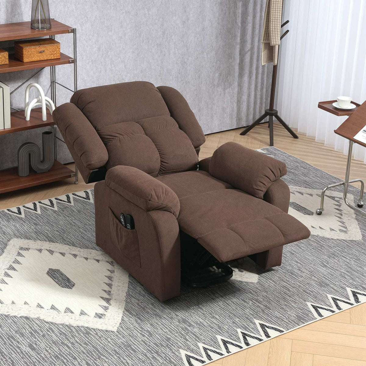 TV armchair with stand-up aid, electric relaxation armchair with reclining, massage and heating functions, TV armchair with pocket spring core, side pocket and remote control, dark brown