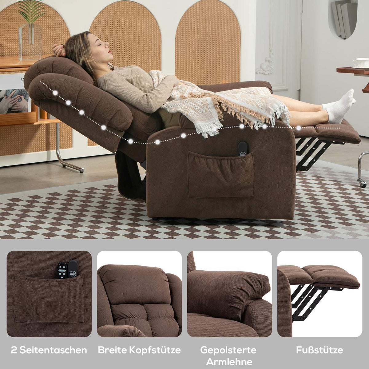 TV armchair with stand-up aid, electric relaxation armchair with reclining, massage and heating functions, TV armchair with pocket spring core, side pocket and remote control, dark brown