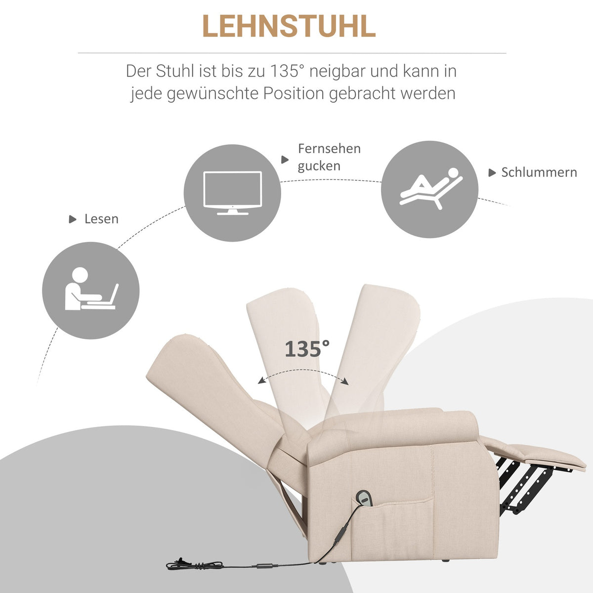 TV armchair with stand-up aid, ergonomic, freely lockable, with reclining and electric stand-up function, 72.5 x 94 x 109 cm, cream