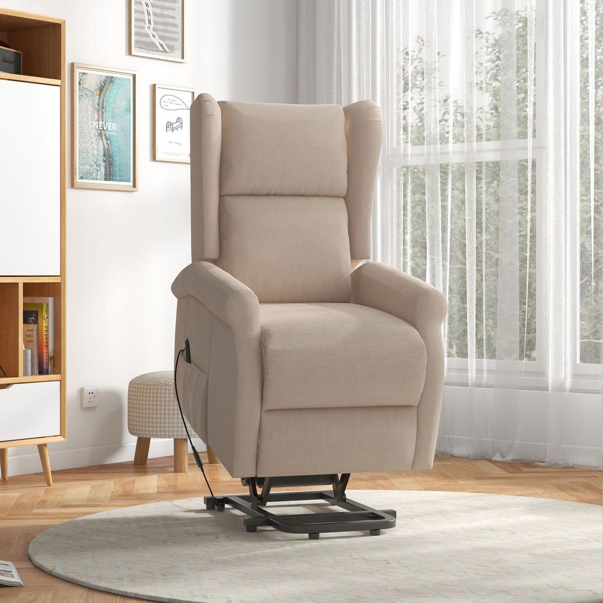TV armchair with stand-up aid, ergonomic, freely lockable, with reclining and electric stand-up function, 72.5 x 94 x 109 cm, cream