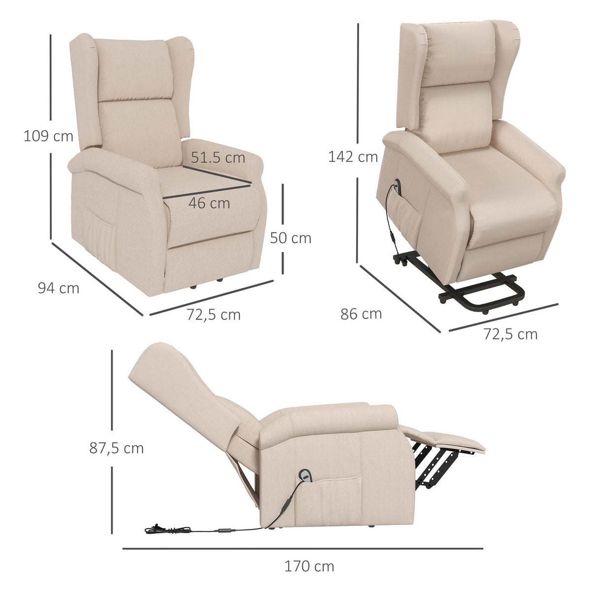 TV armchair with stand-up aid, ergonomic, freely lockable, with reclining and electric stand-up function, 72.5 x 94 x 109 cm, cream