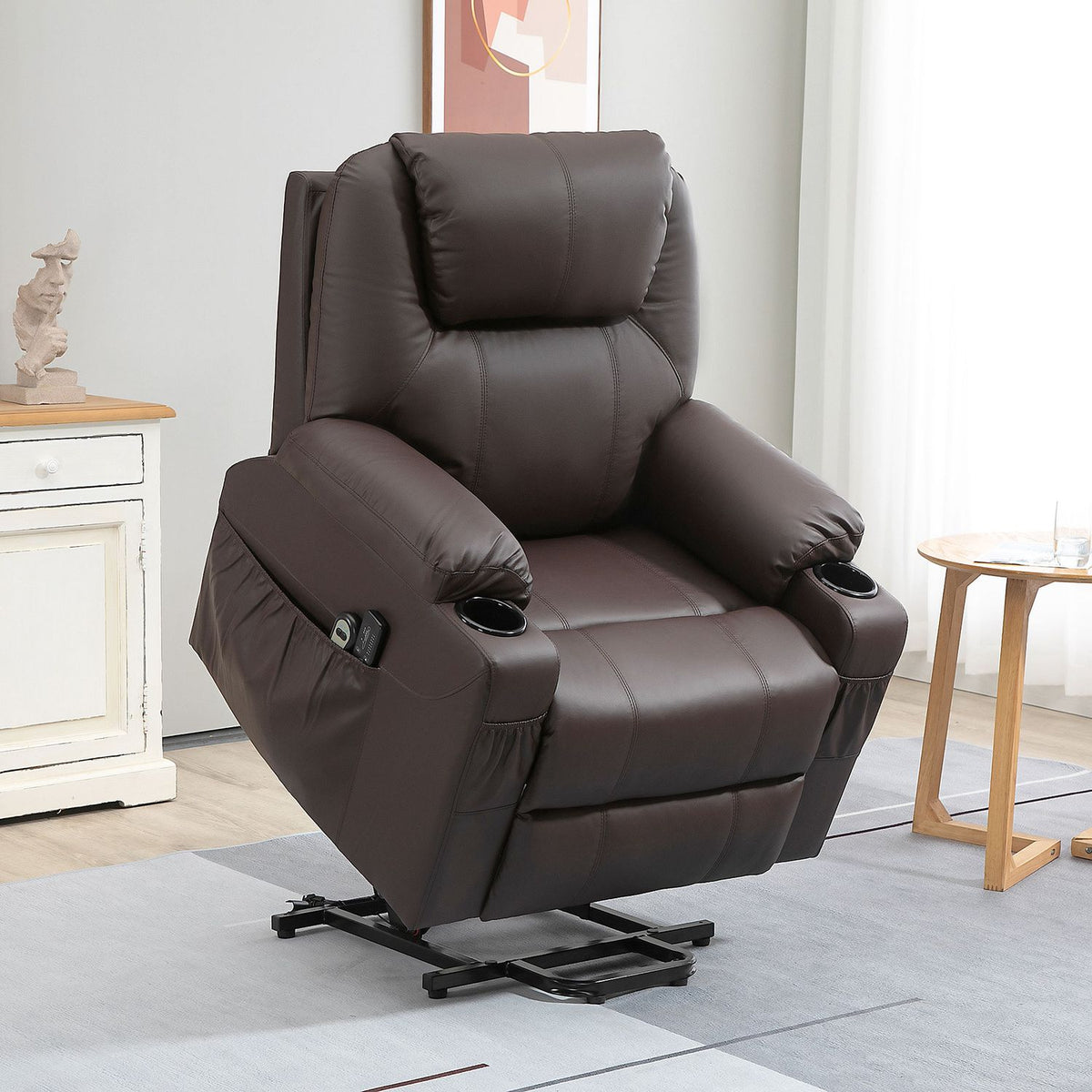 TV armchair with stand-up aid, with 8 massage points, timer, remote control, side pocket, foam, 88 x 99 x 106 cm, brown