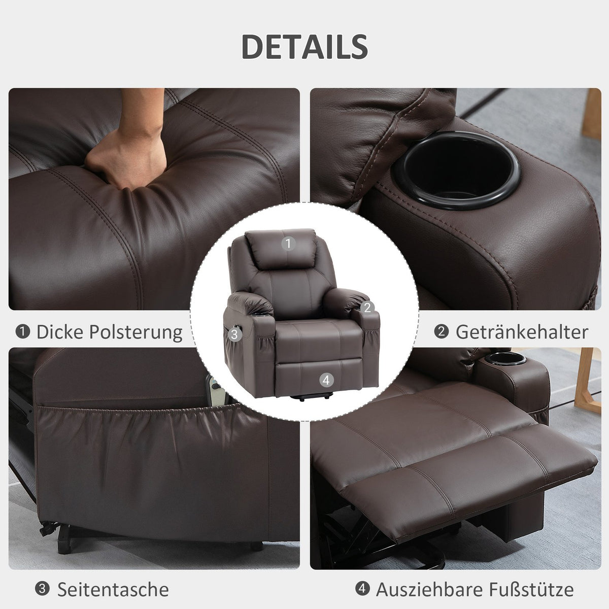 TV armchair with stand-up aid, with 8 massage points, timer, remote control, side pocket, foam, 88 x 99 x 106 cm, brown