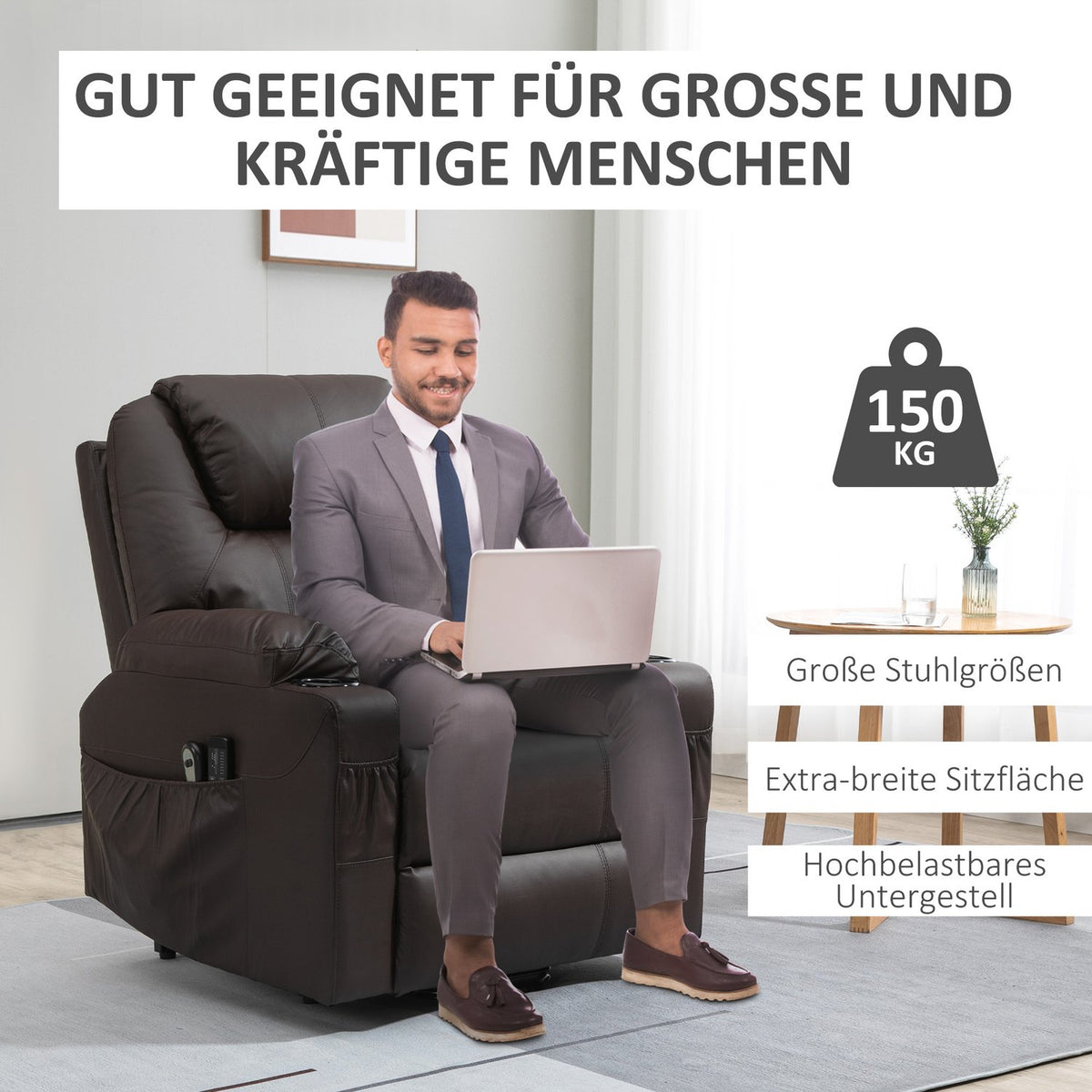 TV armchair with stand-up aid, with 8 massage points, timer, remote control, side pocket, foam, 88 x 99 x 106 cm, brown