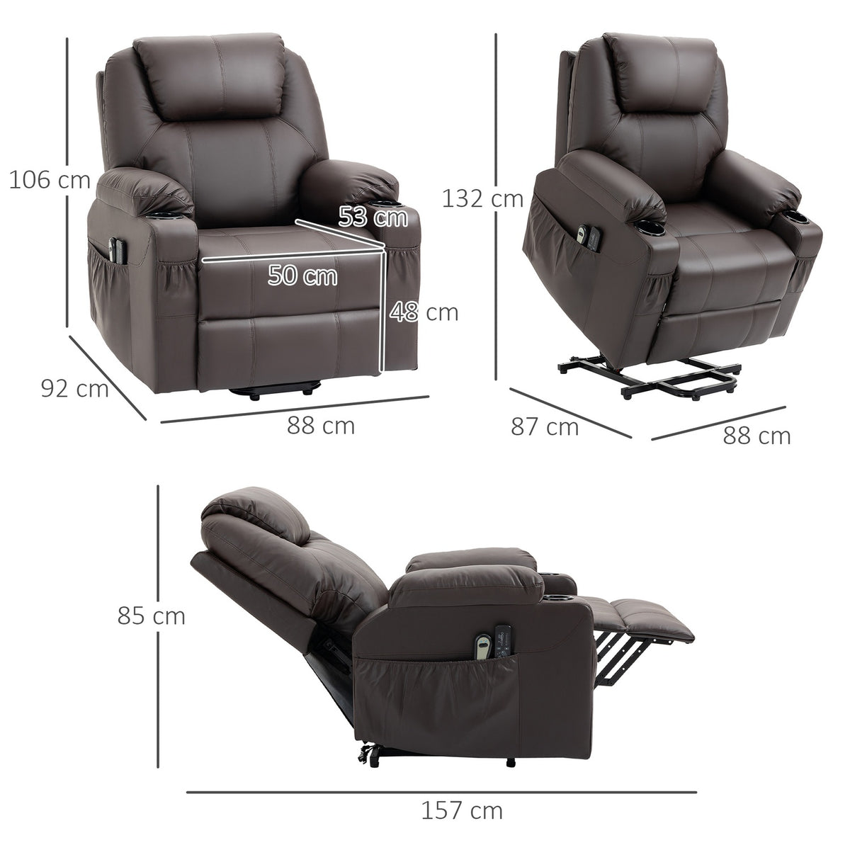 TV armchair with stand-up aid, with 8 massage points, timer, remote control, side pocket, foam, 88 x 99 x 106 cm, brown