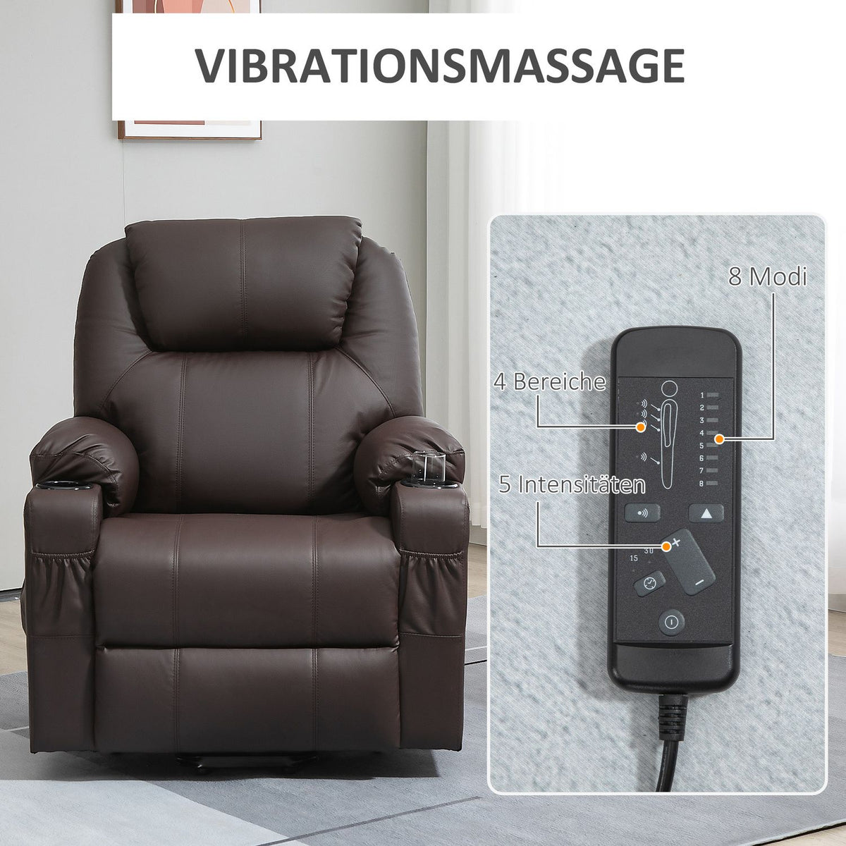 TV armchair with stand-up aid, with 8 massage points, timer, remote control, side pocket, foam, 88 x 99 x 106 cm, brown