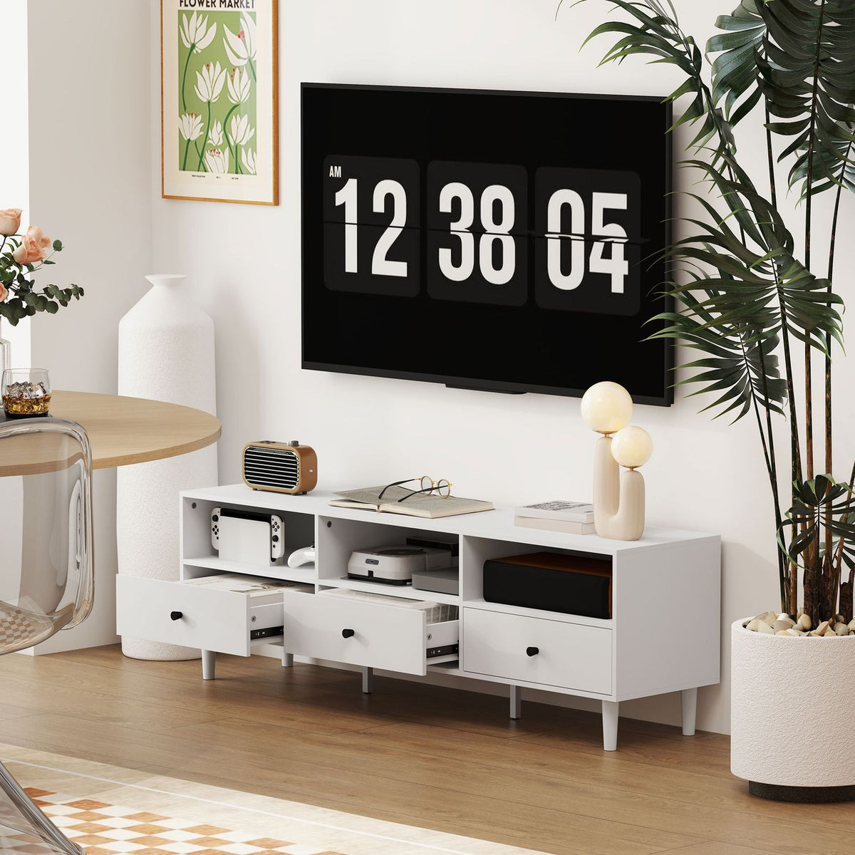 TV cabinet TV board with drawers, 3 open compartments 140 cm long TV lowboard with cable management for TVs up to 75 inches TV table for living room white 140x34x45cm