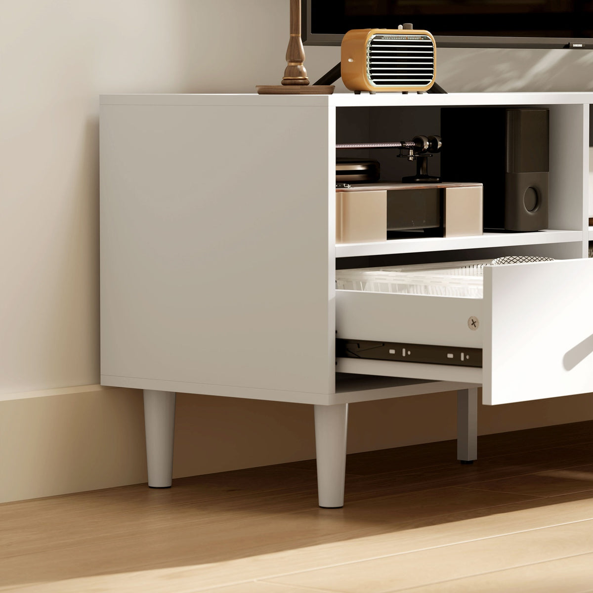 TV cabinet TV board with drawers, 3 open compartments 140 cm long TV lowboard with cable management for TVs up to 75 inches TV table for living room white 140x34x45cm