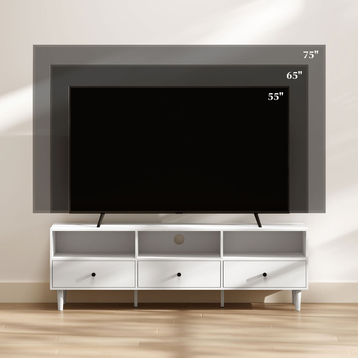 TV cabinet TV board with drawers, 3 open compartments 140 cm long TV lowboard with cable management for TVs up to 75 inches TV table for living room white 140x34x45cm